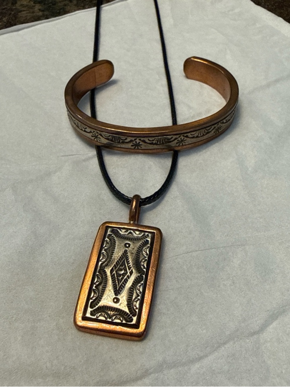 Sterling silver and copper nativeEngraved Cuff Bracelet and Pendant Necklace Set